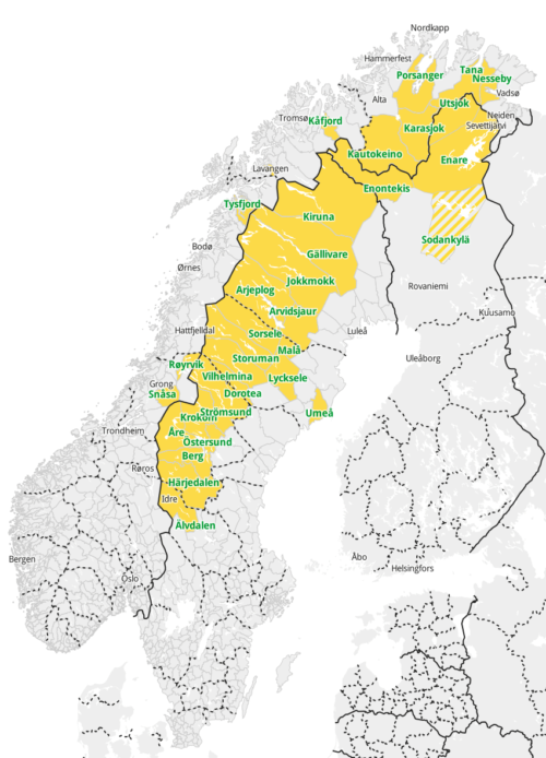 Samisk språkforvaltningsområde. Norge, Sverige og Finland. Av Erik Bolstad. CC BY SA 3.0 